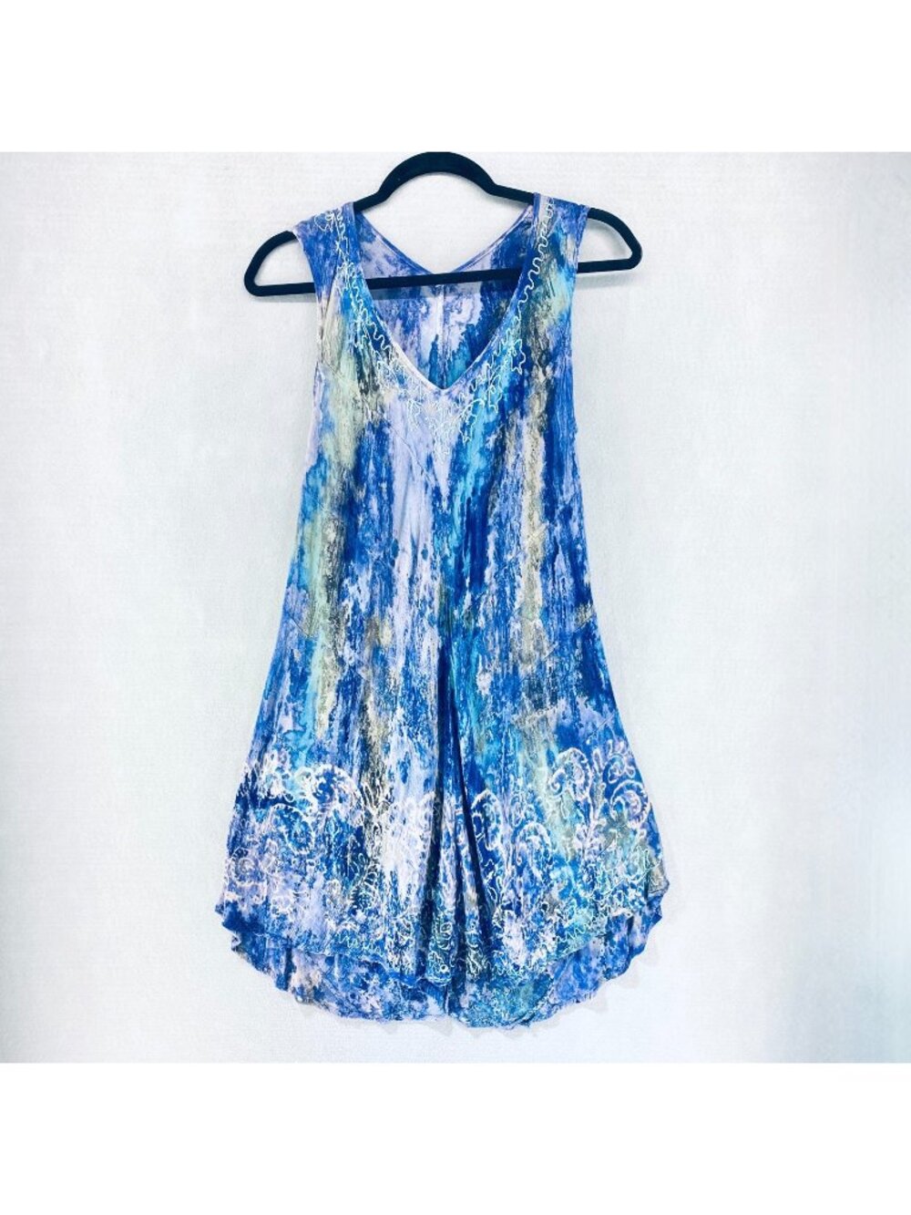 Vintage y2k Cottage Dress Womens S Blue Tie Dye Midi Embroidered Boho Hippie